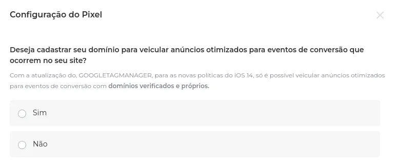 Pergunta sobre cadastrar o domínio, com a opção Sim