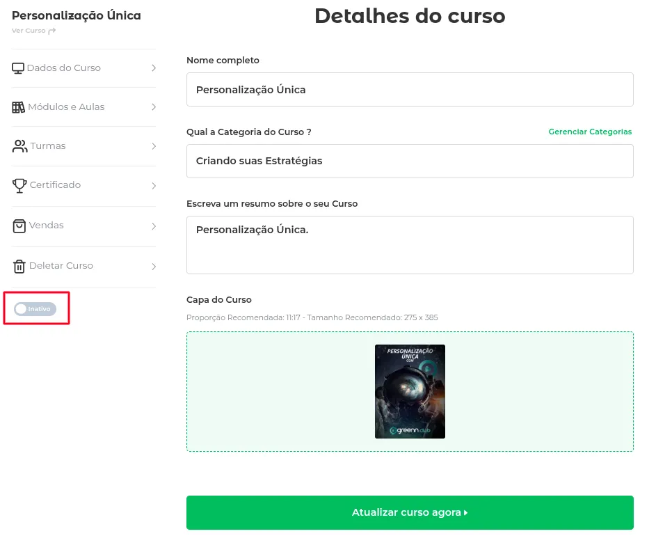 Tela de edição do curso com a opção Inativo habilitada
