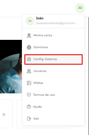 Engrenagem no canto superior direito com Configurações do Sistema
