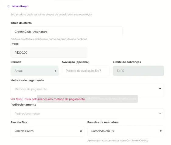 Seção Métodos de Pagamento com Pix selecionado