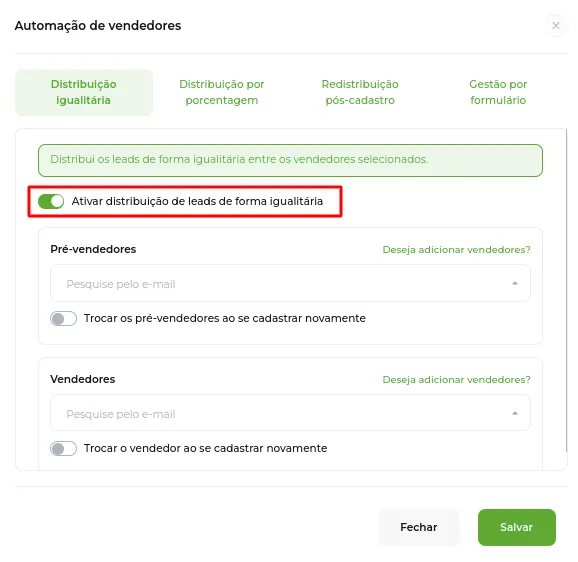 Tela da Greenn Sales: Ative a opção distribuição ribuição de Leads de forma igualitária