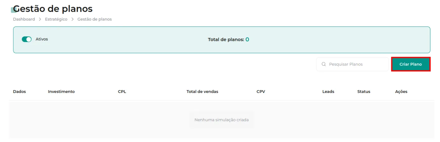 Botão Criar Plano na lista de simulações