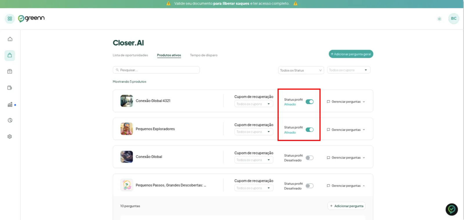 Produto com o Status Profit alternado de Desativado para Ativado
