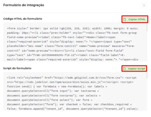 Janela com o código HTML e o script para copiar