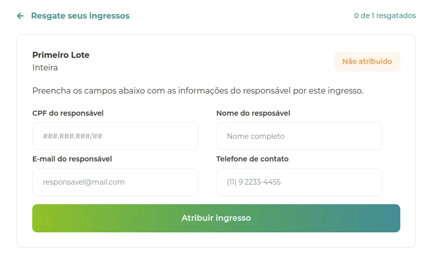 Formulário com os dados de quem vai usar o ingresso