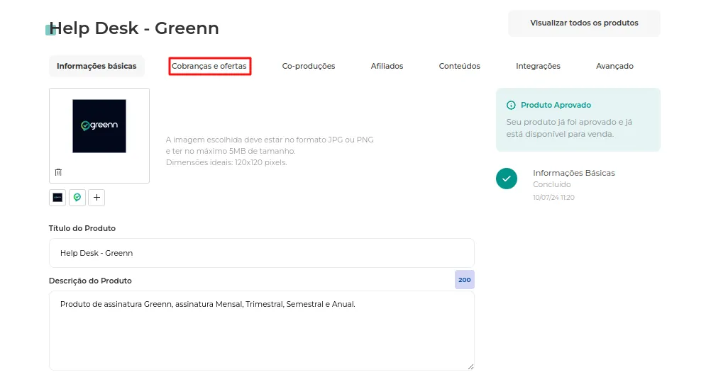 Aba Cobranças e Ofertas na edição do produto