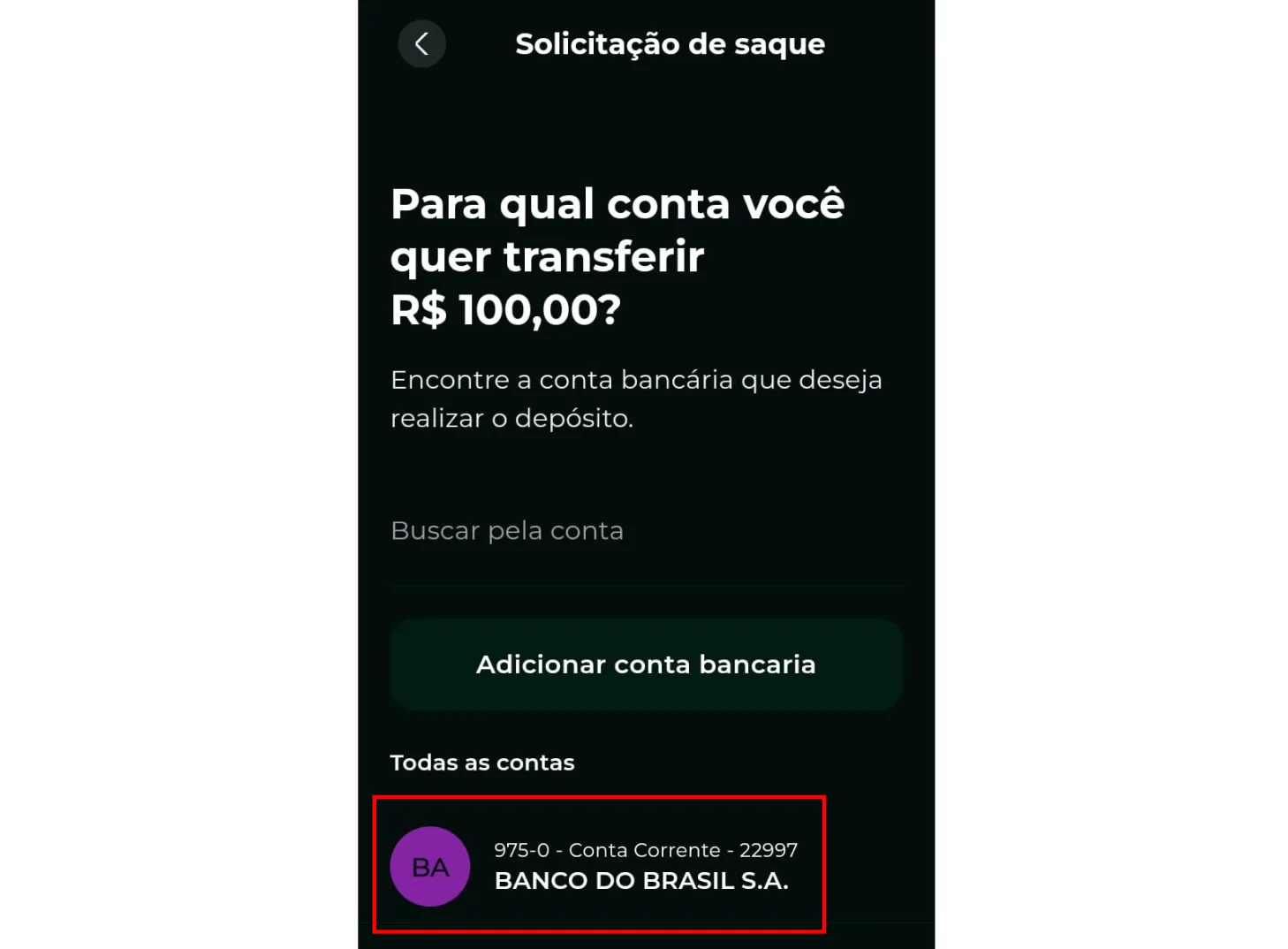Conta bancária cadastrada na lista de contas