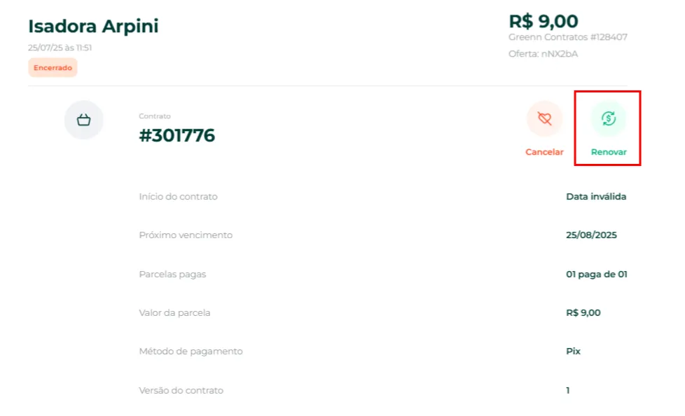 Tela do contrato com o botão Renovar