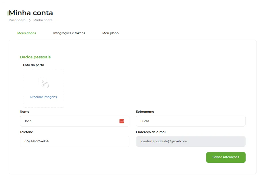 Tela da Greenn Sales: Nesse local você poderá adicionar as seguintes informações