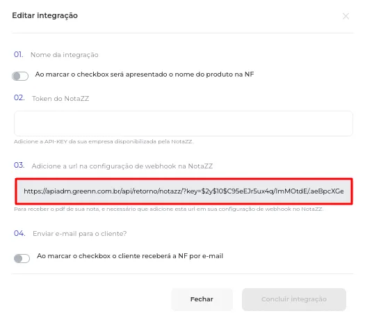 URL de integração para colar no Notazz