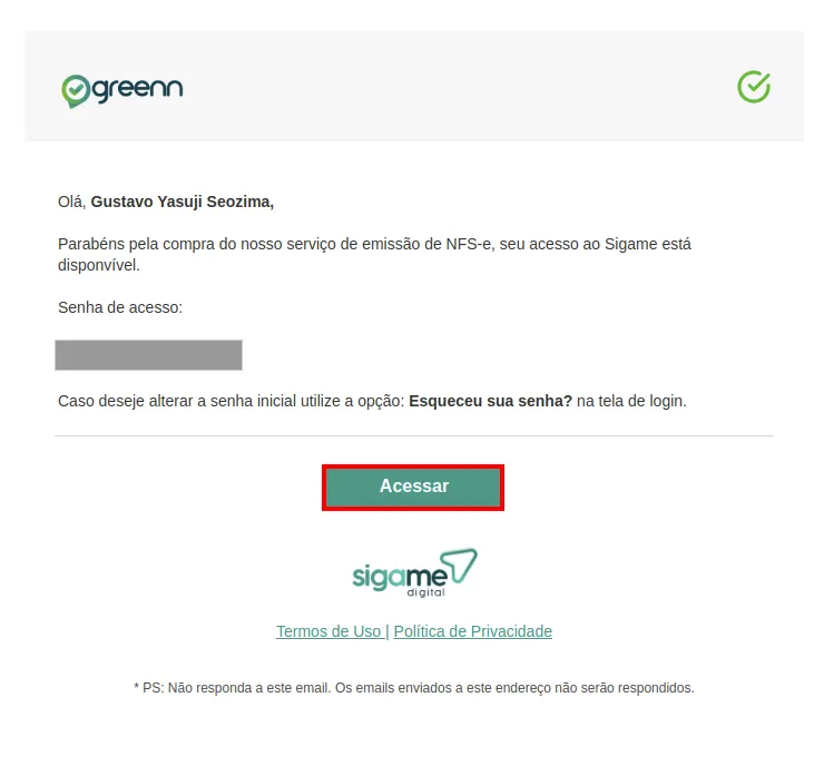 Botão Acessar no e-mail do Sigame
