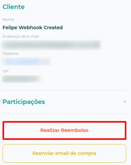 Detalhes da venda com a opção Realizar Reembolso