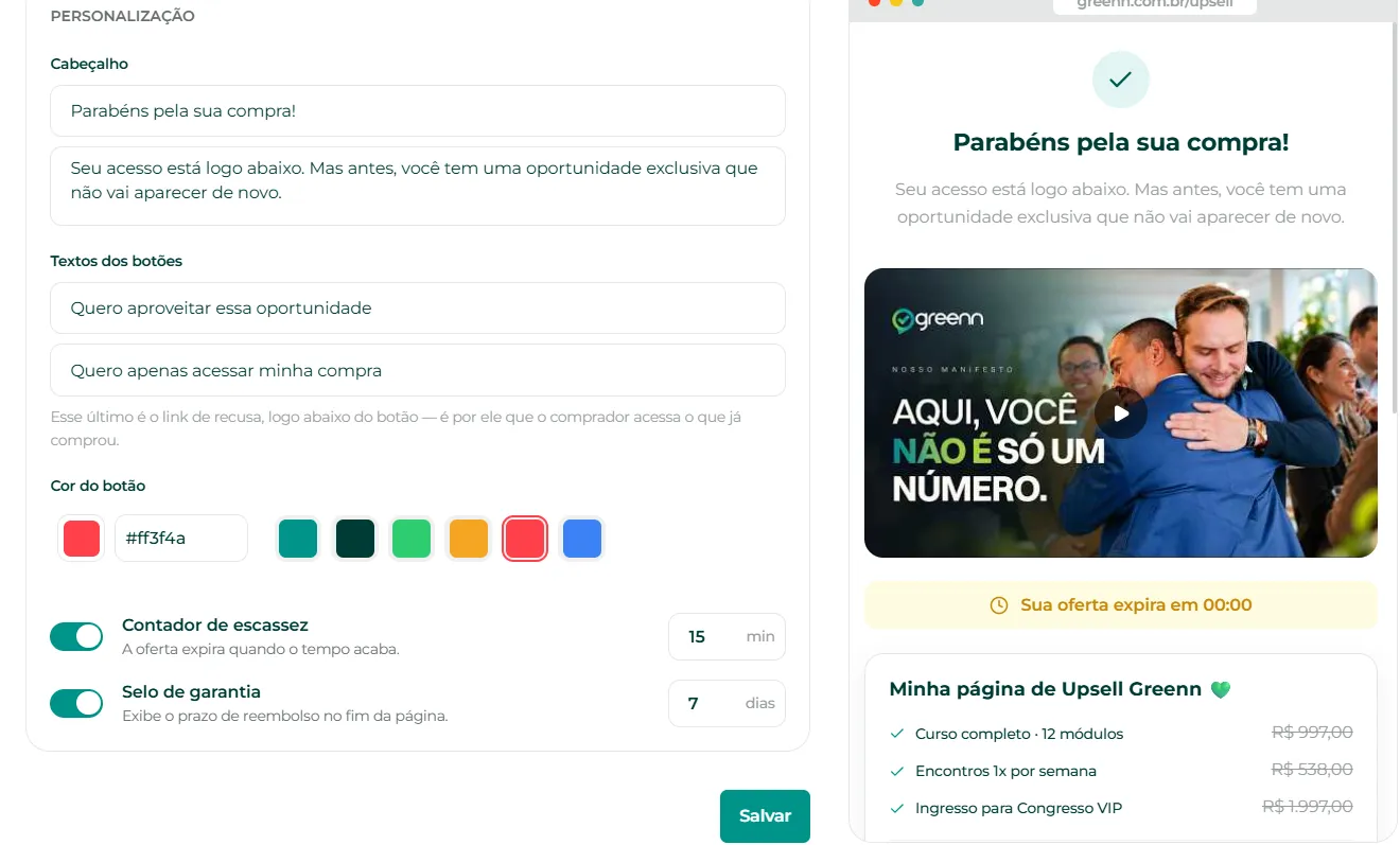 Campos de cabeçalho, textos e cor do botão
