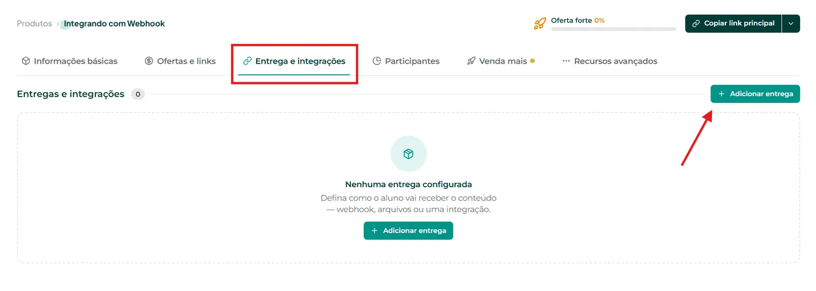 Edição do produto com a aba Entrega e Integrações