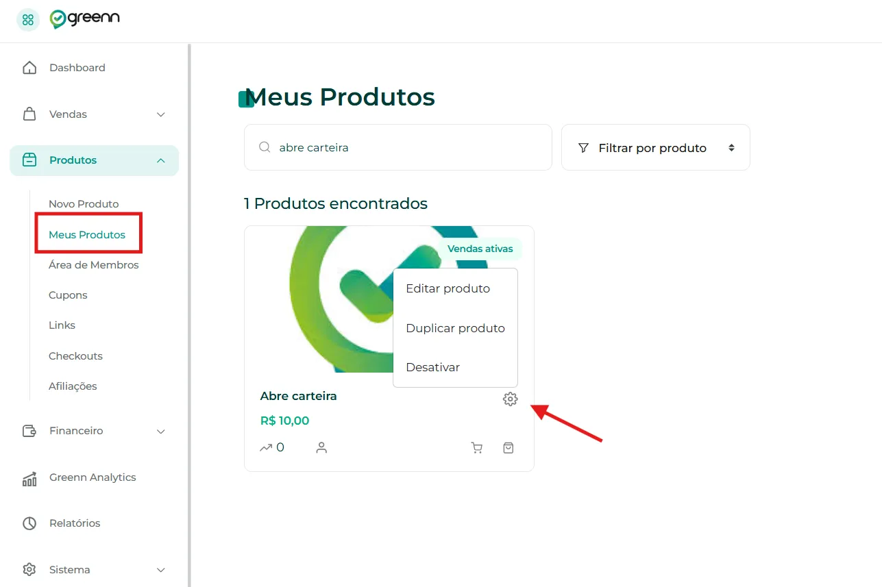 Lista de produtos com a engrenagem de edição