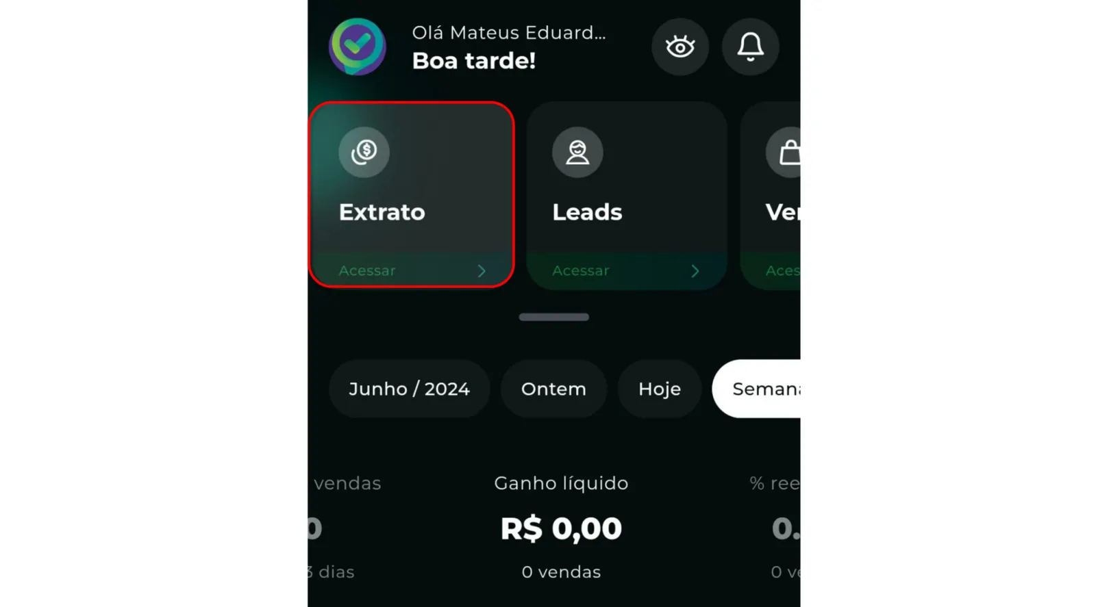 Menu Extrato no aplicativo Greenn