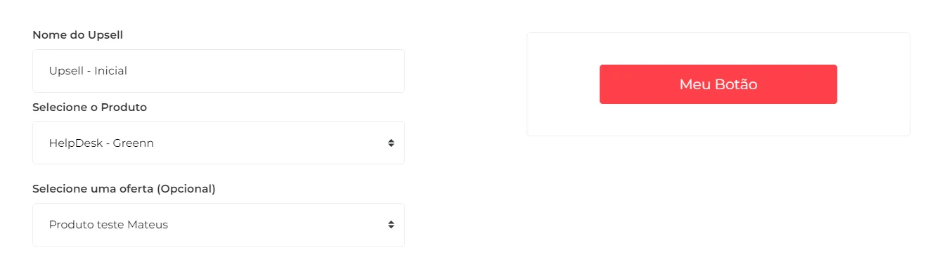 Campos de nome, produto e oferta do upsell