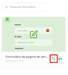 Ícone de relógio que restaura o formulário