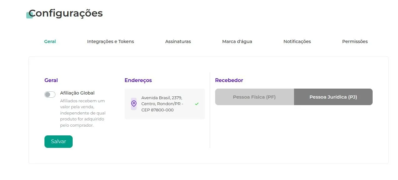 Recebedor da conta alterado para pessoa jurídica