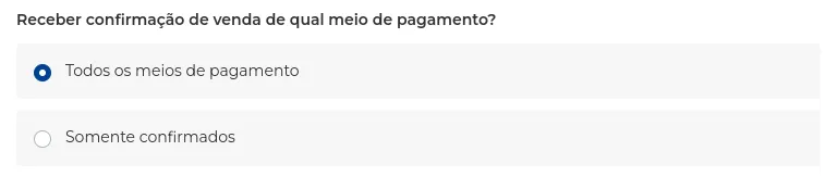 Opções de confirmação de venda por meio de pagamento