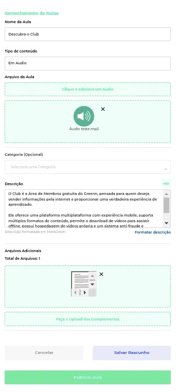 Campo Categoria da aula