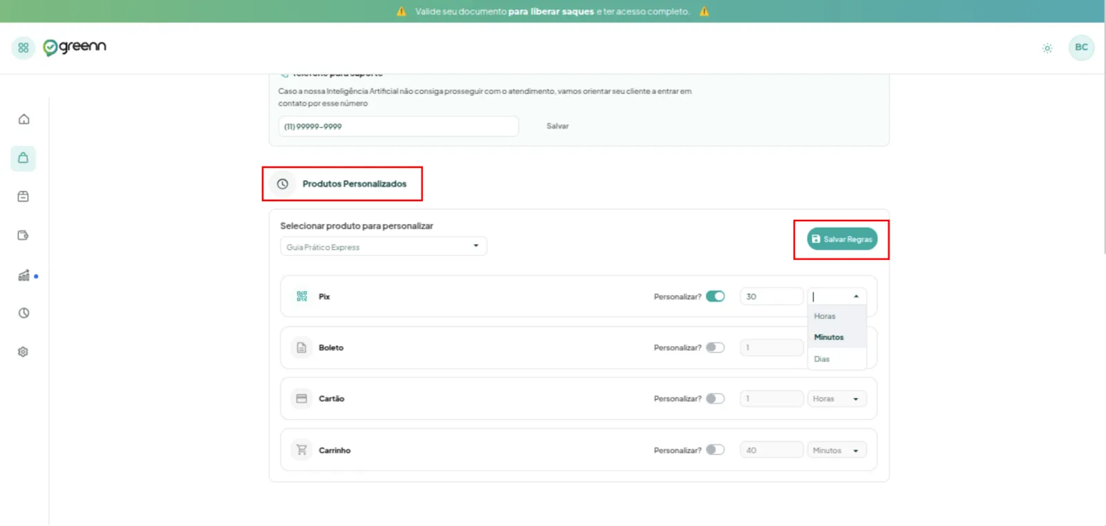 Configuração por produto da recuperação de Pix, boleto, cartão e carrinho