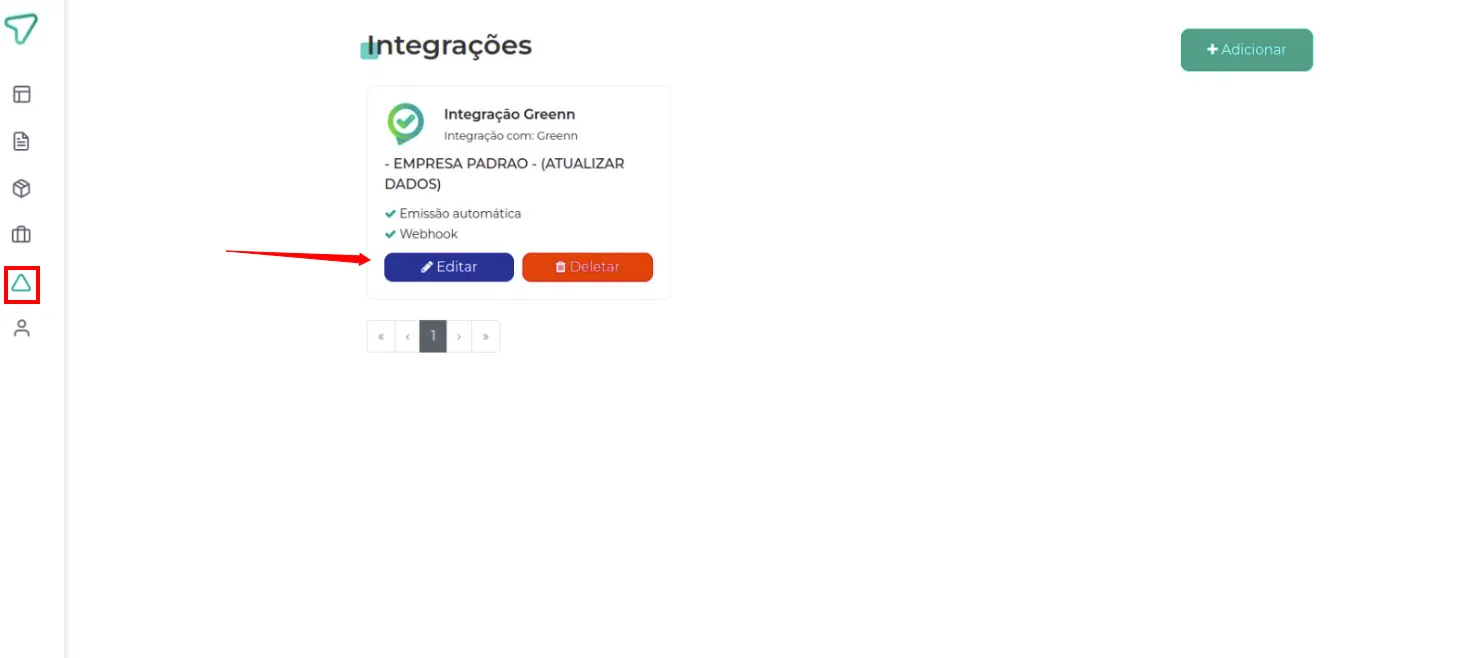 Aba Integrações do Sigame com a integração da Greenn