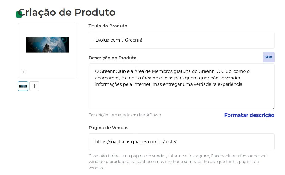Informações iniciais do produto físico preenchidas