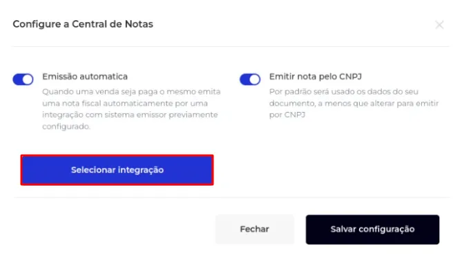 Campo Selecionar Integração