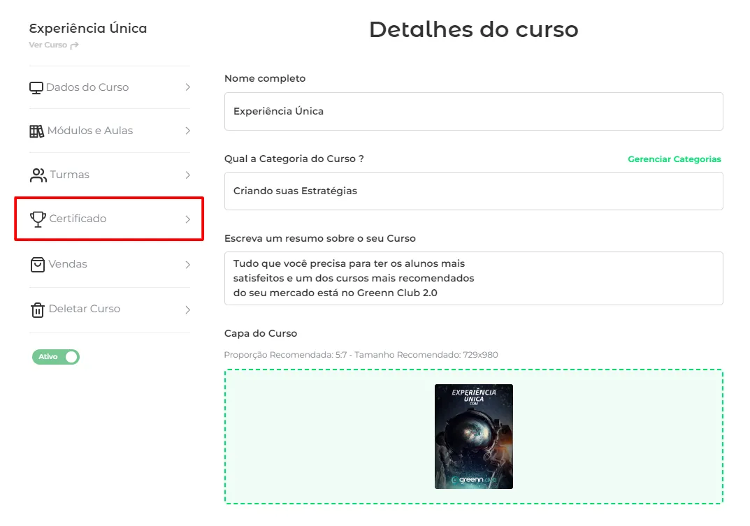 Menu do curso com a opção Certificado