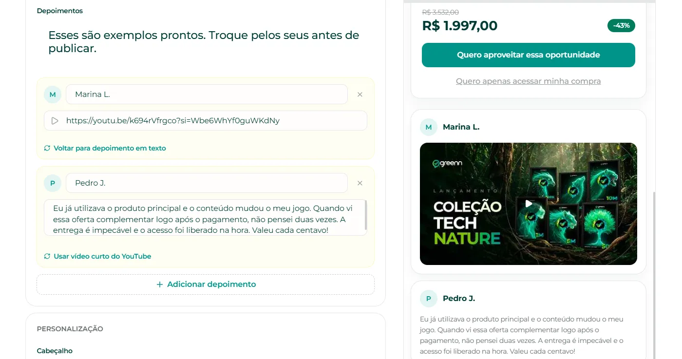Campos de depoimentos do upsell