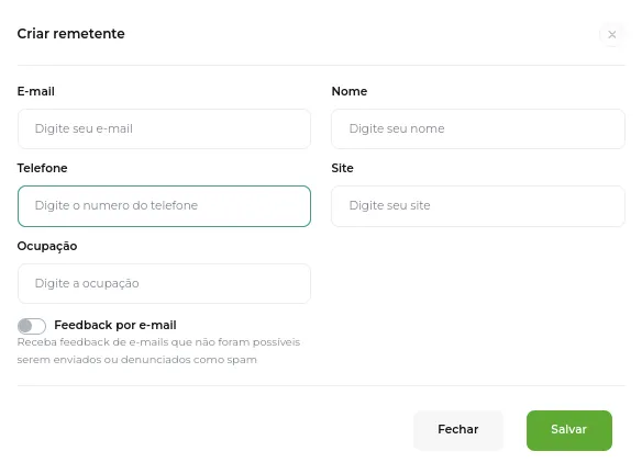 Formulário de cadastro do remetente