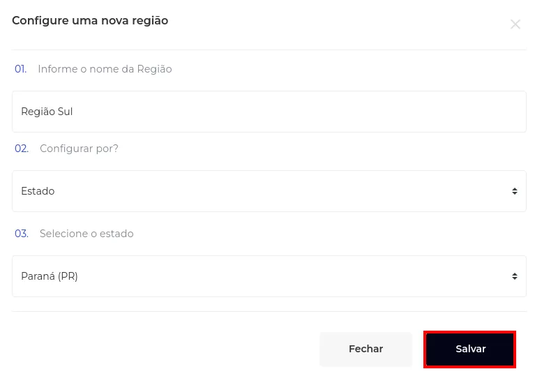 Botão Salvar da região