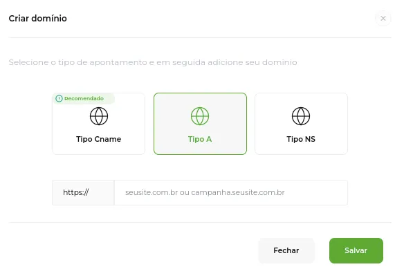 Tela do passo: Agora escolha o Tipo A e adicione o seu Domínio