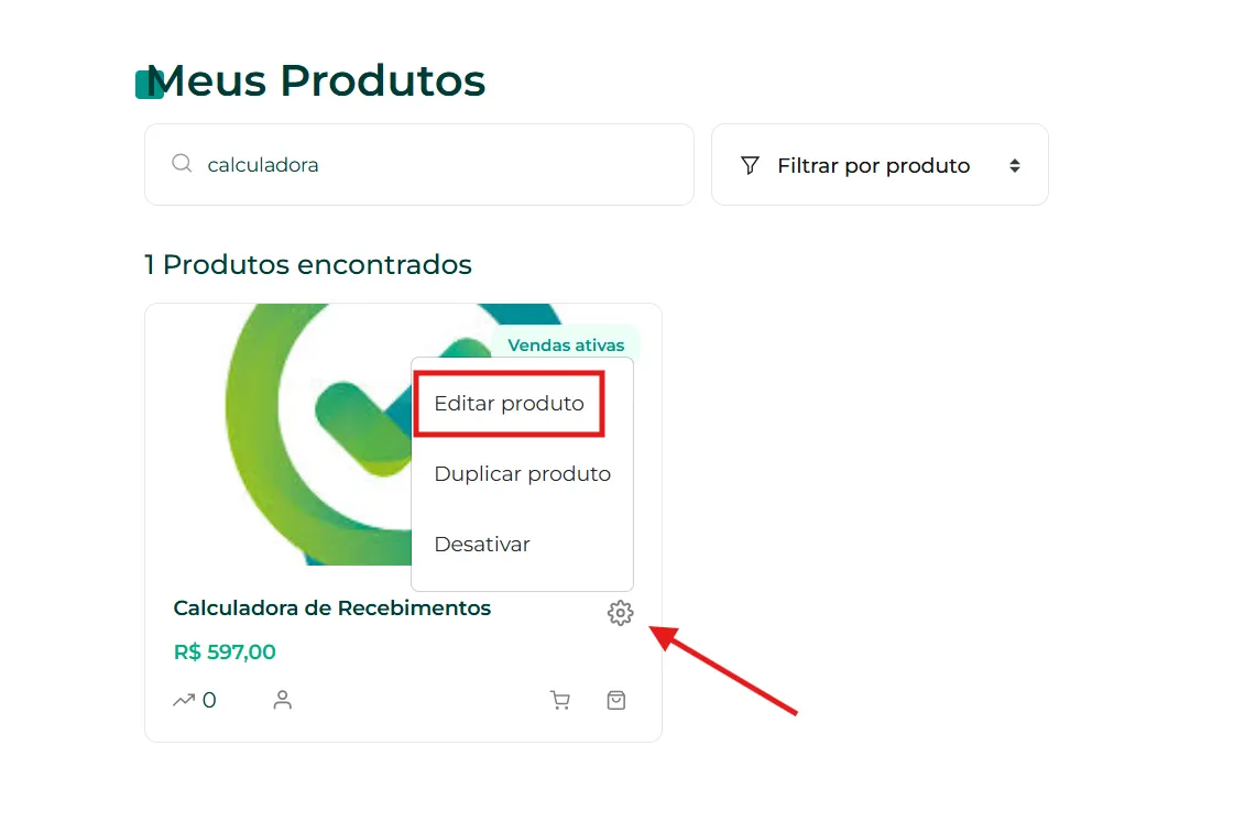 Lista de produtos com a engrenagem de edição