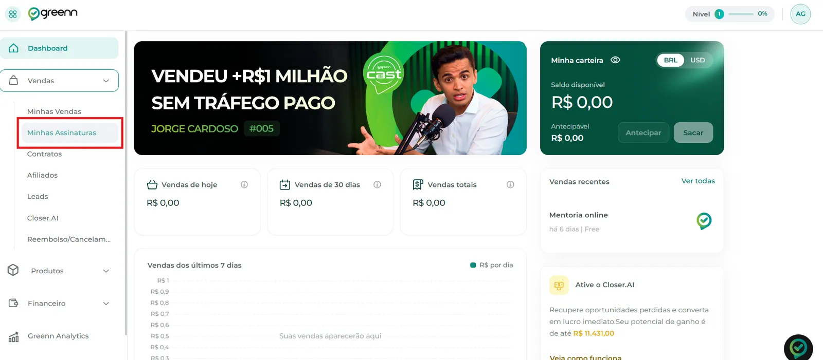 Menu Vendas com a opção Minhas assinaturas