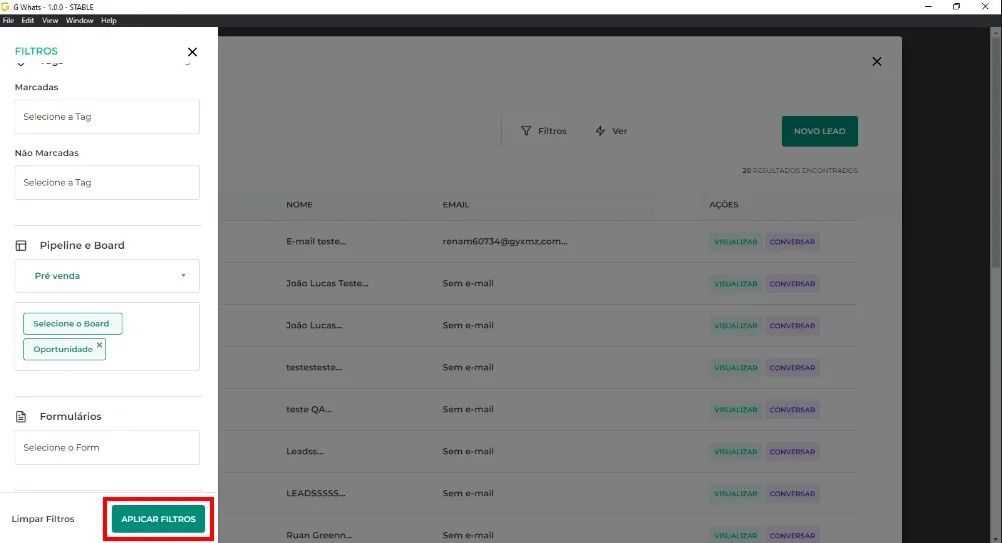 Tela da Greenn Sales: Após colocar seu filtro personalizado, clique em Aplicar filtros