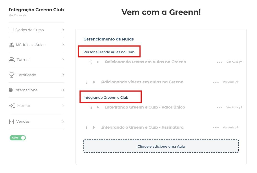 Aulas organizadas por categoria no módulo