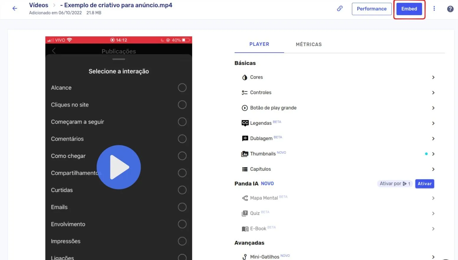 Botão Embed na edição do vídeo no Panda Vídeo