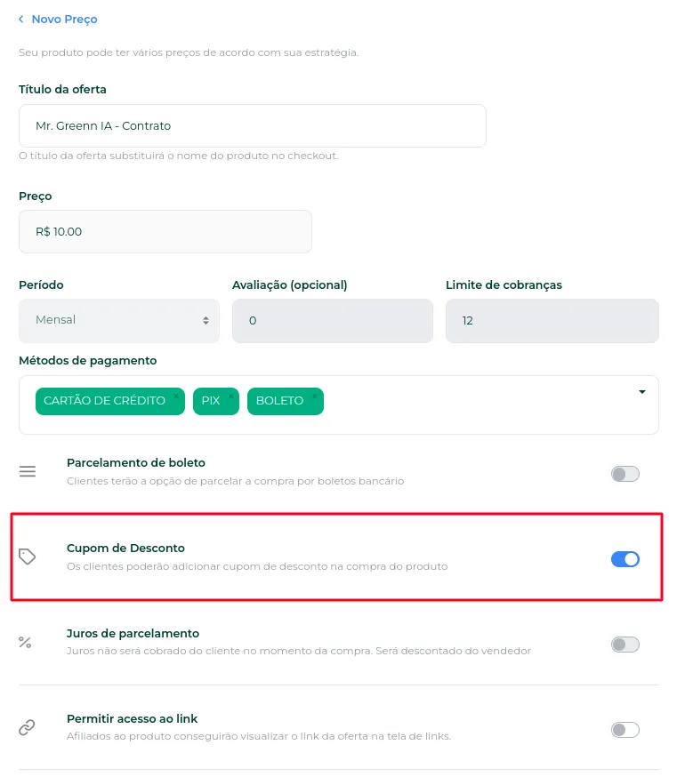 Opção Cupom de Desconto ativada na oferta