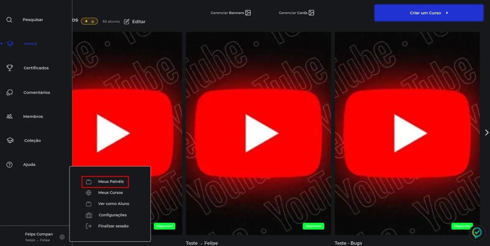 Opção Meus Painéis nas configurações do Club 1.0