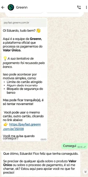 Exemplo de mensagem enviada ao cliente pela IA