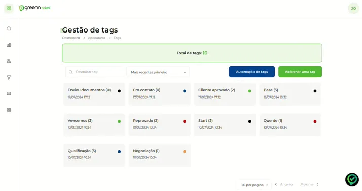 Aba Automação de Tags com o botão Adicionar Automações