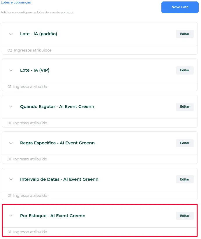 Lote criado na lista