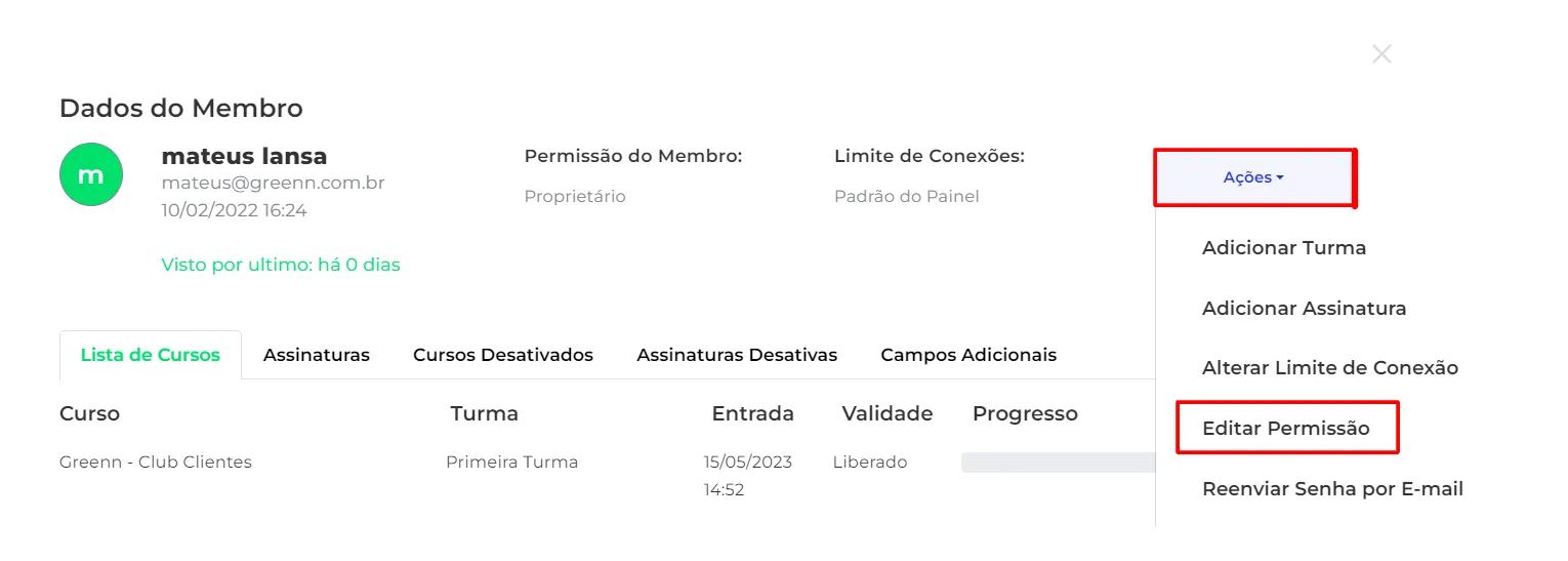 Menu Ações com Editar Permissões