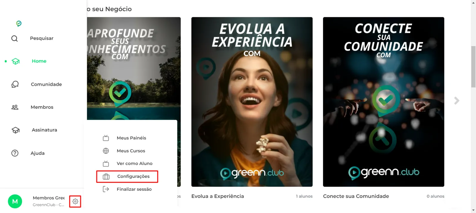 Menu Configurações da área de membros