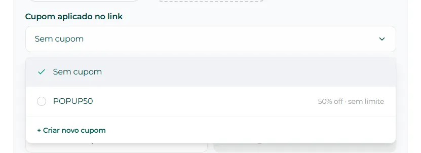 Seletor de cupom na nova oferta