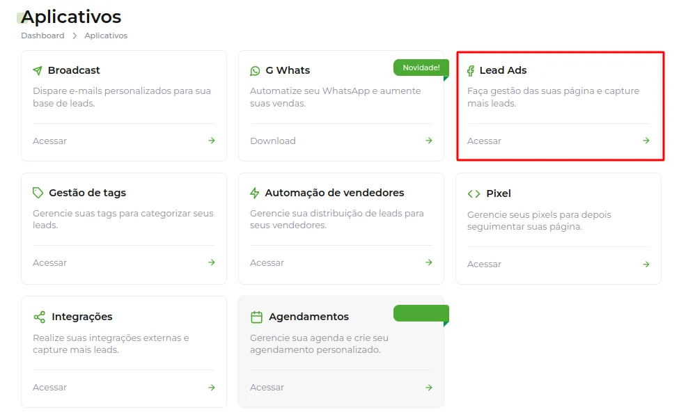 Tela do passo: Acesse a aba LeadAds