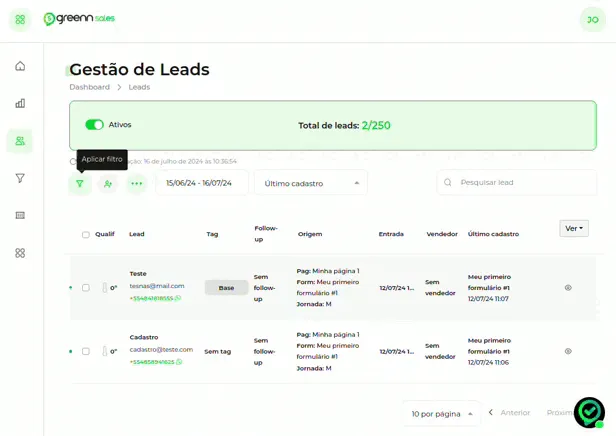 Tela do passo: Selecione os Leads que serão Exportados, clique em Ações e Exportar Leads