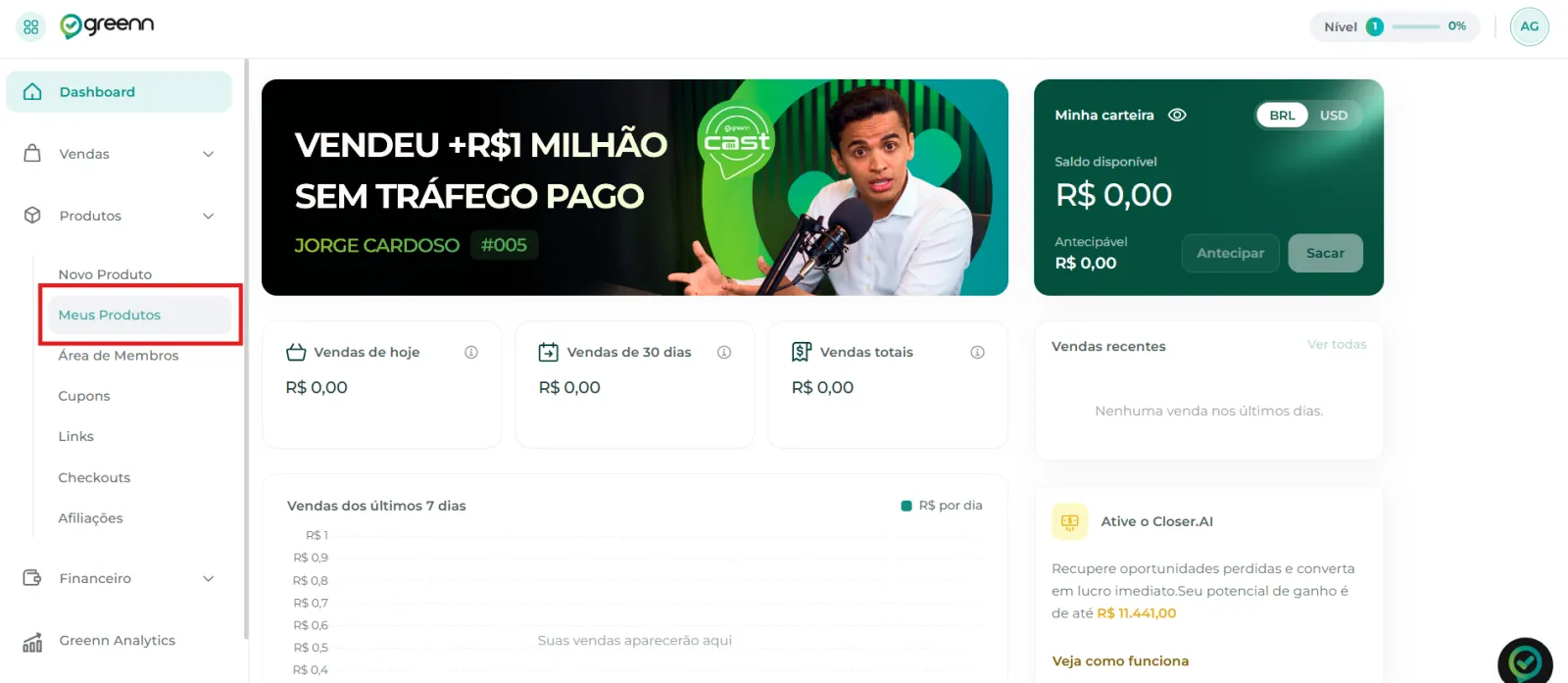 Menu Produtos com a aba Meus Produtos